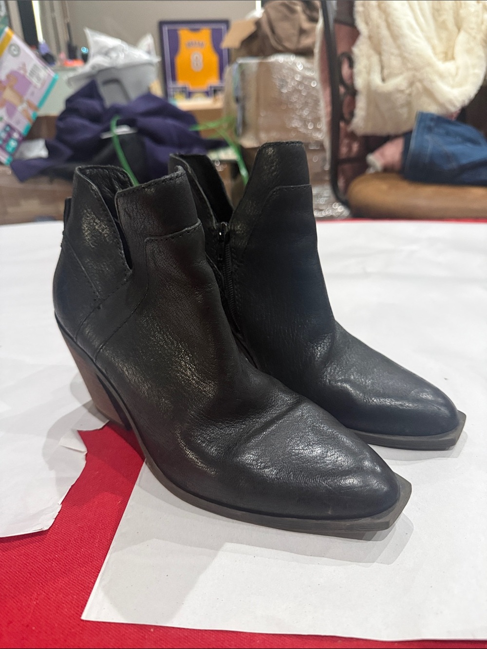 Crown Vintage Black Leather Ankle Booties with Stacked Heel